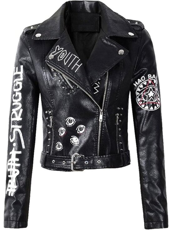 Boutique Jackets & Blazers - Black Punk Rock Graphic Studded Belted Vegan Leather Jacket M| Streetwear Baddie